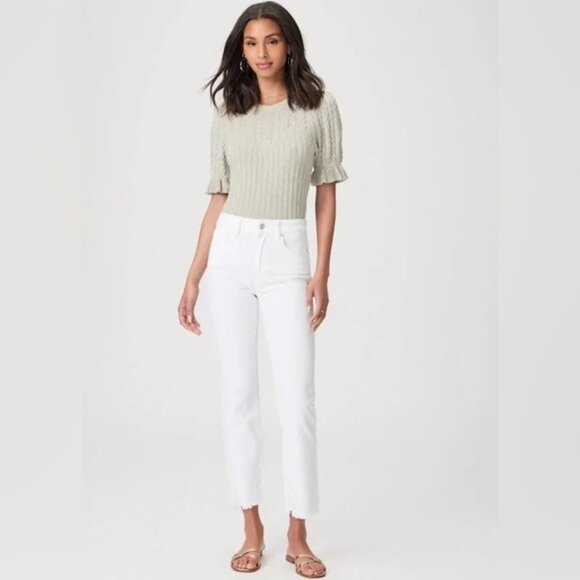 Paige The Cindy Crop  High Rise  Straight Leg Jean Raw Hem in White Sz 27 - Picture 1 of 13